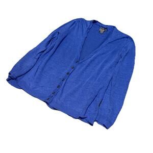 Jigsaw Blue Linen Cardigan Sz XS V Neck Lightweight Sweater Knit Top Loose Flare
